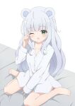  1girl :o ahoge animal_ears barefoot blunt_bangs blush collarbone collared_shirt commission dot_nose full_body green_eyes grey_hair hand_up highres long_hair long_sleeves looking_at_viewer mouse_ears mouse_girl no_pants on_bed one_eye_closed open_mouth original partially_unbuttoned raised_eyebrows rubbing_eyes shirt sidelocks sittin sitting skeb_commission sleepy sleeve_cuffs solo straight_hair tyakomes wariza white_shirt 