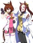  2girls absurdres agnes_tachyon_(umamusume) agnes_tachyon_(umamusume)_(cosplay) ahoge armpits bandolier black_gloves black_necktie black_pantyhose breasts brown_hair coat cosplay costume_switch cowboy_shot dress ear_ornament epaulettes gloves hair_between_eyes highres lab_coat long_hair medium_breasts multiple_girls necktie nerukichikatafukuma open_mouth pantyhose pink_eyes ponytail red_eyes sakura_bakushin_o_(umamusume) sakura_bakushin_o_(umamusume)_(cosplay) short_hair sleeveless sleeveless_dress sleeves_past_fingers sleeves_past_wrists smile sweater_vest textless_version thighhighs umamusume white_coat white_thighhighs yellow_sweater_vest 