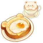  bear blush cheese cup dated food food_focus fried_egg fried_egg_on_toast highres meikitefuka no_humans original plate shadow signature simple_background smile still_life toast white_background 