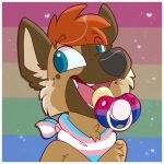  1:1 anthro bisexual_pride_colors blue_eyes brown_body brown_fur bust_portrait canid cheek_tuft facial_tuft fur glistening glistening_eyes hair heyitsjaq lgbt_pride looking_aside male mammal neckerchief open_mouth open_smile orange_hair pacifier portrait pride_colors rainbow_pride_colors smile solo transgender_pride_colors tuft young 