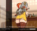  1girl :d absurdres ass bar_(place) beer_mug bikini boots bottle breasts brown_footwear brown_gloves candle cape cup dovahkiin dovakini-chan fake_horns gameplay_mechanics gauntlets gloves helmet highres horned_helmet horns indoors large_breasts long_hair mug nisetanaka open_mouth orange_hair ponytail sheath sheathed shield smile solo string_bikini swimsuit sword the_elder_scrolls the_elder_scrolls_v:_skyrim thigh_boots torn_cape torn_clothes weapon white_bikini wine_bottle yellow_cape 