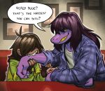  2023 ambiguous_gender angusburgers anthro arm_bite brown_hair deltarune dialogue dinosaur duo english_text female freckles hair hair_over_eyes hi_res human humanoid kris_(deltarune) mammal monster purple_body reptile scalie smile smirk susie_(deltarune) text undertale_(series) 