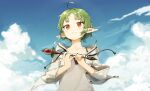  1girl absurdres ahoge blue_sky closed_mouth cloud day elf green_hair highres holding holding_wand hood hooded_jacket jacket mushoku_tensei outdoors pointy_ears red_eyes shirt short_hair sky smile solo sylphiette_(mushoku_tensei) wand white_jacket white_shirt yuyin_(uzrv7533) 