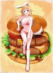 1girl :d absurdres alternate_hair_color american_flag_bikini animal_ears bikini blonde_hair blue_eyes blush border breasts burger charlotte_e._yeager cleavage collarbone feet flag_print food full_body highres hiroshi_(hunter-of-kct) large_breasts legs long_hair looking_at_viewer navel open_mouth oversized_food oversized_object rabbit_ears rabbit_girl sandals side-tie_bikini_bottom signature smile solo strike_witches swimsuit tail thigh_gap toenails toes twitter_username underboob untied_bikini white_background world_witches_series yellow_background 