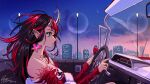  1girl absurdres alternate_costume black_hair black_nails blue_eyes blue_sky breasts butterfly_earrings car car_interior city commentary_request convertible crescent_moon demon_girl demon_horns detached_sleeves dress driving ear_chain earrings expressionless fingernails hair_between_eyes heart heart_necklace highres horns jewelry kisumi_rei lamppost long_hair medium_bangs moon motor_vehicle multicolored_hair nanashi_inc. necklace official_art open_mouth pointy_ears profile red_dress red_hair red_sleeves ring ryugasaki_rene sharp_fingernails signature sky solo star_(sky) starry_sky steering_wheel strapless strapless_dress stud_earrings two-tone_hair upper_body virtual_youtuber white_dress 