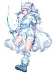  &gt;:( 1girl alolan_vulpix animal_ear_fluff animal_ears arrow_(projectile) bandaged_leg bandages blue_eyes blue_footwear blue_gloves blue_sash blue_socks bow_(weapon) cape choker closed_mouth colored_eyelashes fox_ears frown full_body fur-trimmed_footwear fur_cape fur_trim gloves hair_between_eyes holding holding_bow_(weapon) holding_weapon ice jewelry katagiri_hachigou leg_up loose_socks medium_hair necklace personification pokemon sash simple_background socks solo v-shaped_eyebrows weapon white_background white_cape white_choker white_hair 