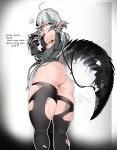  1girl 3: absurdres ahoge arknights ass ass_focus bare_shoulders black_thighhighs brown_eyes closed_mouth crocodilian_tail detached_sleeves embarrassed english_text from_behind from_below gloves gradient_background green_hair grey_background grey_gloves grey_hair highres knees_together_feet_apart large_tail long_hair long_sleeves looking_at_viewer looking_back mole mole_on_ass multicolored_hair naxius_noxy partially_fingerless_gloves pointy_ears skindentation solo squiggle standing streaked_hair tail thighhighs tomimi_(arknights) torn_clothes torn_thighhighs two-tone_hair 