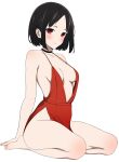  1girl absurdres bare_shoulders black_hair bob_cut breasts choker collarbone commentary coro_fae dress highres kaguya-sama_wa_kokurasetai_~tensai-tachi_no_renai_zunousen~ looking_at_viewer medium_breasts no_bra parted_bangs red_dress red_eyes seiza shinomiya_kaguya short_hair sitting sleeveless sleeveless_dress smile solo sweat thighs 