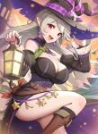  1girl belt boots breasts brown_footwear building cleavage collar corrin_(female)_(fire_emblem) corrin_(female)_(halloween)_(fire_emblem) corrin_(fire_emblem) detached_collar detached_sleeves dress earrings fire_emblem fire_emblem_fates fire_emblem_heroes gonzarez grey_hair halloween halloween_costume hand_on_headwear hat highres holding holding_lantern jewelry knee_up lantern large_breasts long_hair looking_at_viewer nail_polish official_alternate_costume open_mouth pointy_ears purple_dress red_eyes ribbon solo star_(symbol) thighs twilight witch_hat 