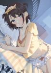  absurdres blush breasts brown_hair cleavage collarbone cropped_shirt highres hololive indoors looking_at_viewer lying medium_breasts navel on_bed on_side oozora_subaru polka_dot_bloomers shirt syhan two_side_up virtual_youtuber yellow_shirt 