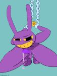  anthro balls bodily_fluids chain chained cuff_(restraint) cum cum_drip dripping erection fragilescales genital_fluids genitals handcuffs hi_res jax_(the_amazing_digital_circus) kneeling lagomorph leporid male mammal metal_cuffs narrowed_eyes penis purple_body purple_penis rabbit restraints saggy_balls solo squint yellow_eyes 