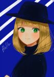  belle_(pop&#039;n_music) black_headwear black_shirt blonde_hair blue_background blush bob_cut character_name dot_nose eyelashes green_eyes hat highres long_sleeves pikara pop&#039;n_music shirt short_hair smile turtleneck upper_body 