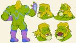  blonde_hair green_body green_skin hair himbo humanoid male model_sheet muscular muscular_male orc rickleone science_fiction tattoo 