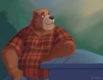  2023 anthro bear belly big_belly black_nose bottomwear brown_bear brown_body brown_fur clothing dean_(password) fur humanoid_hands male mammal overweight overweight_male pants password_(visual_novel) pawhan3 shirt sitting solo topwear ursine 