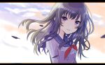  1girl :d arms_at_sides black_hair blue_sailor_collar blurry blurry_background blush buttons cloud dot_nose double-breasted evening falling_feathers floating_hair highres idoly_pride long_sleeves nagase_kotono neckerchief open_mouth outdoors purple_eyes red_neckerchief sailor_collar sakaki_ip shirt smile solo upper_body white_shirt 