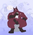  absurd_res anthro background_character balls bat big_balls big_pecs big_penis bodily_fluids claws dhalo_(himeros) dialogue ear_piercing excessive_genital_fluids excessive_precum facial_piercing fur genital_fluids genitals hi_res himerosthegod ladder_piercing lip_piercing male mammal muscular nipple_piercing nipples pecs penetrable_sex_toy penis piercing precum red_body red_eyes red_fur sex_toy simple_background smile solo thesh_(himeros) 