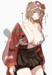  1girl ametsukana_yago bandage_over_one_eye black_hakama black_shorts breasts brown_eyes brown_hair commentary_request cowboy_shot disembodied_limb genderswap genderswap_(otf) groping hakama hakama_short_skirt hakama_skirt hemo_(hemoroda) highres huge_breasts japanese_clothes kimono len&#039;en long_hair long_sleeves mask mask_on_head open_clothes open_kimono open_mouth red_kimono shorts simple_background skirt solo_focus sweat translation_request white_background 