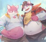  2023 absurd_res anthro belly big_belly blush bottomwear clothing cute_fangs domestic_cat duo felid feline felis fur hi_res humanoid_hands kemono male mammal navel overweight overweight_male pants pink_body pink_fur pink_nose seamonsterping shirt tamacolle topwear white_body white_fur 