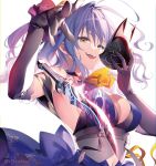  1girl black_gloves blue_dress blue_hair breasts dagger dress elbow_gloves fox_mask gloves hikikomari_kyuuketsuki_no_monmon knife large_breasts long_hair looking_at_viewer mask millicent_bluenight open_mouth riichu solo teeth weapon white_background yellow_eyes 