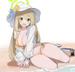  1girl absurdres bikini blue_archive blush bracelet breasts cleavage flower green_eyes halo haramaki_(haranomaki) hat hat_flower highres jewelry large_breasts light_brown_hair long_hair long_sleeves looking_at_viewer nonomi_(blue_archive) nonomi_(swimsuit)_(blue_archive) off_shoulder open_clothes open_mouth open_shirt orange_bikini sandals shirt side-tie_bikini_bottom simple_background sitting solo sun_hat swimsuit very_long_hair water wet white_background white_headwear white_shirt yellow_flower 