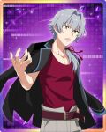  1boy belt fingernails grey_hair hair_between_eyes hand_on_hip idolmaster idolmaster_side-m jacket jacket_on_shoulders kizaki_ren male_focus official_art red_shirt school_uniform shirt solo teeth upper_teeth_only v-shaped_eyebrows 