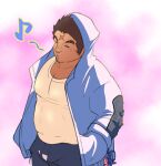  1boy =_= bara belly bulge covered_nipples cross_scar from_above hands_in_pockets hood hood_up houzouin_oniwaka jacket light_blush long_sideburns male_focus mature_male open_clothes open_jacket pectoral_cleavage pectorals plump puckered_lips ragi_san_(ononokomachiimo) scar scar_on_face scar_on_forehead shirt short_hair sideburns solo thick_eyebrows tokyo_afterschool_summoners whistle white_shirt 