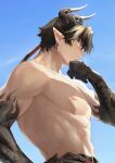  1boy abs absurdres arknights bara blue_sky chong_yue_(arknights) close-up cloud commentary dragon_boy dragon_horns earrings hand_on_own_hip highres horns jewelry looking_at_viewer male_focus multicolored_hair nipples okonon_(kado_colda) pants pectorals pointy_ears ponytail red_eyes sky solo tail topless_male upper_body white_pants 