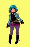  1girl absurdres bag belt blue_hair david_liu fingerless_gloves gloves handbag highres hood hoodie jacket medium_hair purple_hair ramona_v_flowers scott_pilgrim signature solo yellow_background 