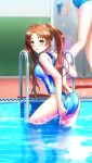  2girls adjusting_clothes adjusting_swimsuit bare_arms blue_one-piece_swimsuit brown_eyes brown_hair competition_swimsuit doukyuusei_another_world game_cg kakyuusei kanou_ryouko lens_flare long_hair looking_at_viewer looking_back multiple_girls one-piece_swimsuit pool_ladder poolside solo_focus swimsuit twintails very_long_hair 