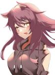  1girl alternate_costume animal_ears bad_id bad_pixiv_id breasts brown_hair cat_ears closed_mouth flower-shaped_pupils genshin_impact highres hood hood_down hoodie hu_tao_(genshin_impact) katagirinanoka long_hair looking_at_viewer medium_breasts red_eyes simple_background smile solo source_request symbol-shaped_pupils tongue tongue_out 