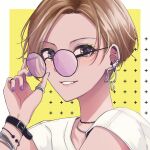  absurdres bob_cut bracelet brown_hair earrings eyeshadow forehead glasses highres idolmaster idolmaster_cinderella_girls jewelry kumatsuki_(no-kirin) light_brown_hair makeup manicure matsunaga_ryo nail_polish necklace piercing shirt short_hair smile sunglasses tooth 