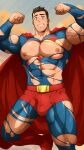  1boy abs absurdres bara black_hair blue_bodysuit blue_eyes bodysuit boots cape clark_kent covered_navel dc_comics double_biceps_pose flexing highres kuroshinki large_pectorals male_focus muscular muscular_male my_adventures_with_superman nipples pectorals red_cape short_hair smile solo superman superman_(series) teeth thick_thighs thighs torn_bodysuit torn_clothes 