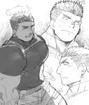  1boy bara blush bodysuit chest_harness expressions facial_hair flaming_halo from_side greyscale halo harness large_pectorals male_focus mature_male monochrome multiple_views muscular muscular_male pectoral_lift pectorals po_fu revision short_hair sideburns sketch skin_tight stubble tokyo_afterschool_summoners underbust zabaniyya_(housamo) 