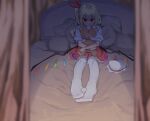  1girl bed blonde_hair blurry blurry_foreground collared_shirt covered_mouth crossed_arms crossed_bangs crystal curtains damaged dark dark_background depth_of_field dorsiflexion empty_eyes feet flandre_scarlet foot_focus foreshortening frilled_shirt_collar frills full_body hair_between_eyes hair_ribbon hat hat_removed headwear_removed holding holding_stuffed_toy indoors long_hair looking_at_viewer low_wings mob_cap no_shoes object_hug on_bed outstretched_legs pantyhose petticoat pillow puffy_short_sleeves puffy_sleeves red_eyes red_ribbon red_skirt ribbon shamo_(koumakantv) shirt short_sleeves side_ponytail sidelocks sitting skirt solo straight-on stuffed_animal stuffed_toy stuffing teddy_bear toes torn touhou white_headwear white_pantyhose white_shirt wing_collar wings 