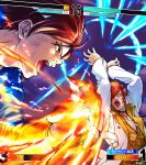 2boys absurdres black_choker blue_jacket brown_hair choker coat crescent_necklace fighting_stance fingerless_gloves fire furrowed_brow gloves hair_over_one_eye hands_up headband health_bar highres jacket jewelry kusanagi_kyou long_sleeves male_focus multiple_boys necklace open_mouth parted_bangs red_hair short_hair shouting signature strikebeagle the_king_of_fighters the_king_of_fighters_xv upper_body waistcoat white_coat white_headband wide-eyed yagami_iori 