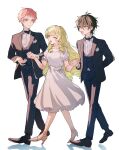  1girl 2boys absurdres aqua_eyes arm_behind_back black_bow black_bowtie black_footwear black_hair black_pants blonde_hair bow bowtie breast_pocket closed_eyes closed_mouth commentary_request dress ensemble_stars! facing_another formal full_body hair_between_eyes high_heels highres holding_hands itsuki_shu jacket kagehira_mika lapels long_hair looking_at_another mademoiselle_(ensemble_stars!) multiple_boys open_clothes open_jacket open_mouth pants pink_hair pocket purple_eyes short_bangs short_hair short_sleeves valkyrie_(ensemble_stars!) vest wednesday_108 white_background white_dress yellow_eyes 