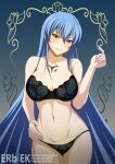  1girl akame_ga_kill! artist_name black_bra black_panties blue_eyes blue_hair bra breasts chest_tattoo collarbone commentary esdeath fanbox_username hair_between_eyes hand_on_own_hip hand_up highres large_breasts long_hair looking_at_viewer minaisu navel panties parted_lips patreon_username shiny_skin simple_background smile solo stomach tattoo twitter_username underwear underwear_only very_long_hair web_address 