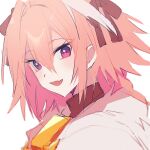  1boy :d astolfo_(fate) fang fate/grand_order fate_(series) hair_between_eyes hair_ribbon highres koyashaka looking_at_viewer male_focus multicolored_hair open_mouth otoko_no_ko purple_eyes ribbon simple_background skin_fang smile solo streaked_hair upper_body white_background 