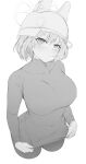  1girl blue_archive blush breasts closed_mouth commentary greyscale halo helmet highres large_breasts looking_at_viewer monochrome nine_(kanine41) saki_(blue_archive) shirt short_hair simple_background solo white_background 
