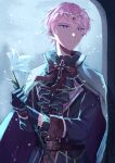  1boy black_gloves buttons cape commentary_request cowboy_shot cross ensemble_stars! flower gloves high_collar highres holding holding_flower itsuki_shu long_sleeves male_focus parted_lips pink_hair purple_eyes short_hair snowing solo wednesday_108 