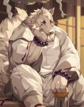  2023 absurd_res anthro bottomwear canid canine clothing fingers fox fur gingitsune gintaro hi_res male mammal outside sitting solo topwear white_body white_bottomwear white_clothing white_fur white_topwear yed 