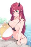  1girl :/ artist_name ball bare_arms bare_shoulders beachball bikini black_bikini black_horns blush breast_press breasts closed_mouth collarbone green_eyes heterochromia highres holding holding_ball holding_beachball hololive hololive_english horns irys_(hololive) large_breasts long_hair looking_at_viewer multicolored_hair namiorii navel o-ring o-ring_bikini pointy_ears pool purple_eyes purple_hair red_hair solo stomach streaked_hair swimsuit v very_long_hair virtual_youtuber w wading water wet 
