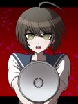  1girl :o ahoge artist_name black_sailor_collar brown_hair danganronpa_(series) danganronpa_another_episode:_ultra_despair_girls green_eyes grey_shirt highres holding holding_megaphone looking_at_viewer megaphone naegi_komaru red_background sailor_collar school_uniform shirt short_hair short_sleeves solo suiren_yurei teeth upper_body upper_teeth_only 