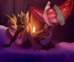  absurd_res ambiguous/ambiguous ambiguous_gender anthro anthro_on_anthro bedding bedding_background black_body caid_(mudorios) candle candlelight claws digital_media_(artwork) duo entwined_tails feet from_front_position genitals hi_res horn jarnqk kobold light lumi_the_kobold lying male male/male missionary_position mutual_slit_penetration nude on_back on_bottom on_top orange_body penetration penis pillow scalie sex shaded slit_penetration slit_sex spiked_tail spikes spikes_(anatomy) tail tail_around_tail tail_coil toe_claws 
