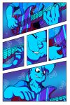  2021 6-string_guitar accessory anthro blue_background blue_body blue_clothing blue_fur blue_hair blue_hairband blue_shirt blue_topwear chance_the_rabbit clothing comic dark_pants ears_tied_back fur gradient_background guitar hair hair_accessory hairband hi_res lagomorph leporid lordmarukio male mammal musical_instrument musical_note playing_music plucked_string_instrument purple_background rabbit shirt simple_background solo string_instrument suspenders textless topwear 