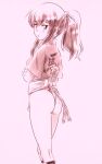  1girl blush breasts crossed_arms eclair_(girls_und_panzer) fundoshi girls_und_panzer highres hiyama_yuu_(wee259hiyama) japanese_clothes long_hair looking_at_viewer monochrome pink_background ponytail simple_background sketch small_breasts solo yamakasa 