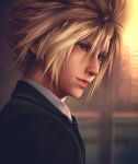  1boy absurdres alternate_costume artist_name black_jacket blonde_hair blue_eyes blurry blurry_background closed_mouth cloud_strife collared_shirt commentary english_commentary final_fantasy final_fantasy_vii final_fantasy_vii_remake formal from_side hair_between_eyes highres jacket lips looking_to_the_side male_focus realistic safaiaart shirt short_hair solo spiked_hair upper_body white_shirt 