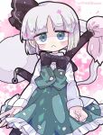  1girl black_ribbon blue_eyes blush closed_mouth frilled_skirt frills green_skirt green_vest hair_ribbon harunori_(hrnrx) hitodama katana konpaku_youmu konpaku_youmu_(ghost) long_sleeves ribbon sheath sheathed shirt short_hair skirt skirt_set solo sword touhou twitter_username vest weapon white_hair white_shirt 