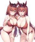  :d absurdres animal_ears bare_arms bare_shoulders bikini blush breasts brown_bikini brown_hair cleavage closed_mouth collarbone commentary_request daiwa_scarlet_(umamusume) hair_intakes highres horse_ears horse_girl horse_tail kannko_bokujou large_breasts leaning_forward long_hair looking_at_viewer navel open_mouth purple_eyes smile swimsuit tail thighs tiara umamusume 