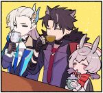  1girl 2boys animal_ears black_border black_gloves black_hair border bow bowtie chalice choker closed_eyes cup drinking drinking_straw drinking_straw_in_mouth fur_trim genshin_impact gloves grey_hair hair_ornament highres holding holding_cup long_hair long_sleeves multiple_boys necktie neuvillette_(genshin_impact) nploser pointy_ears shirt sigewinne_(genshin_impact) simple_background upper_body wriothesley_(genshin_impact) 